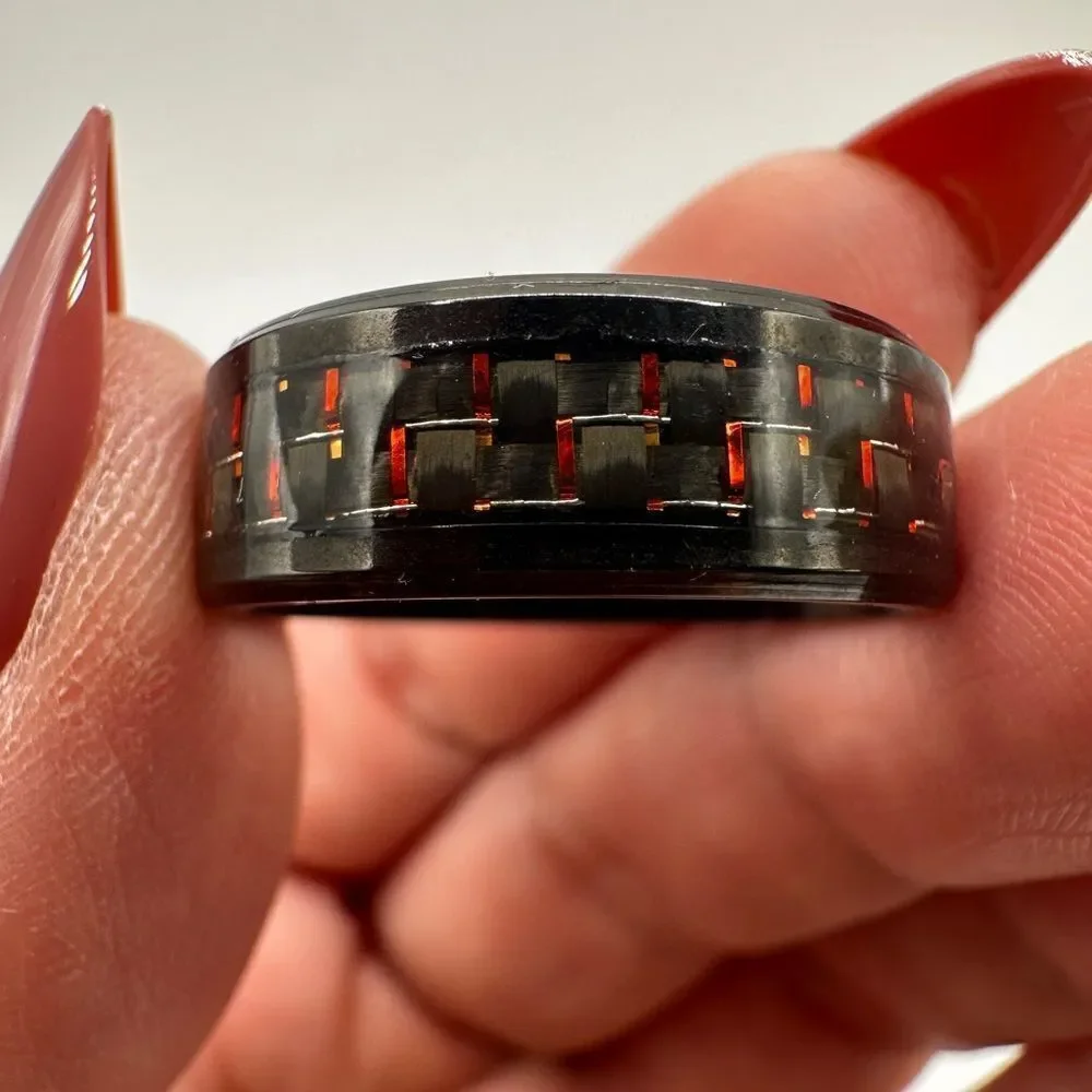 Men's 11.75 black toned‎ metal with woven design in red, ring/wedding band!